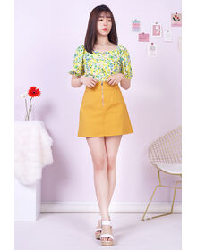 Fine Square Neck Shirred Back With Back Tie Floral Top (Yellow)
